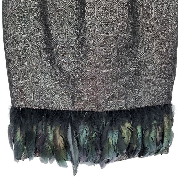 Badgley Mischka Feather Hem Cocktail Dress 10 Metallic Brocade Sleeveless Black - Picture 7 of 11